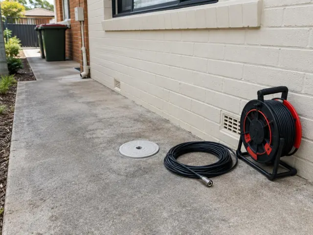 Capped drain inspection opening on a concrete side path beside a coiled camera reel and cream brick wall in Bexley North