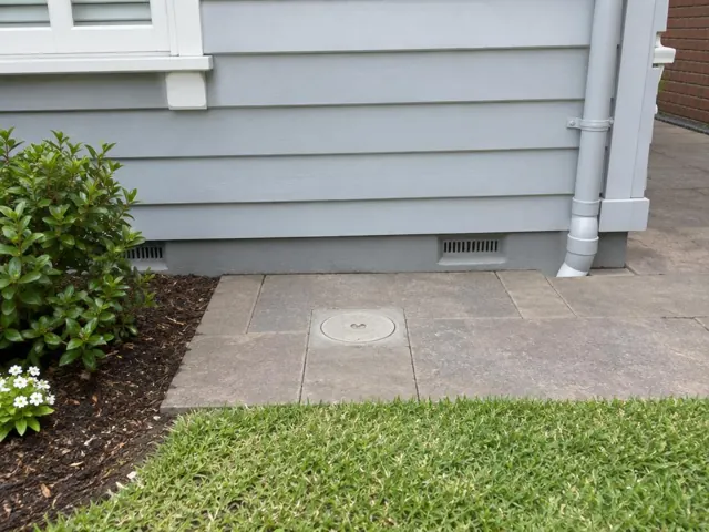 Capped round access point in concrete paving beside a house wall and garden bed in Bexley